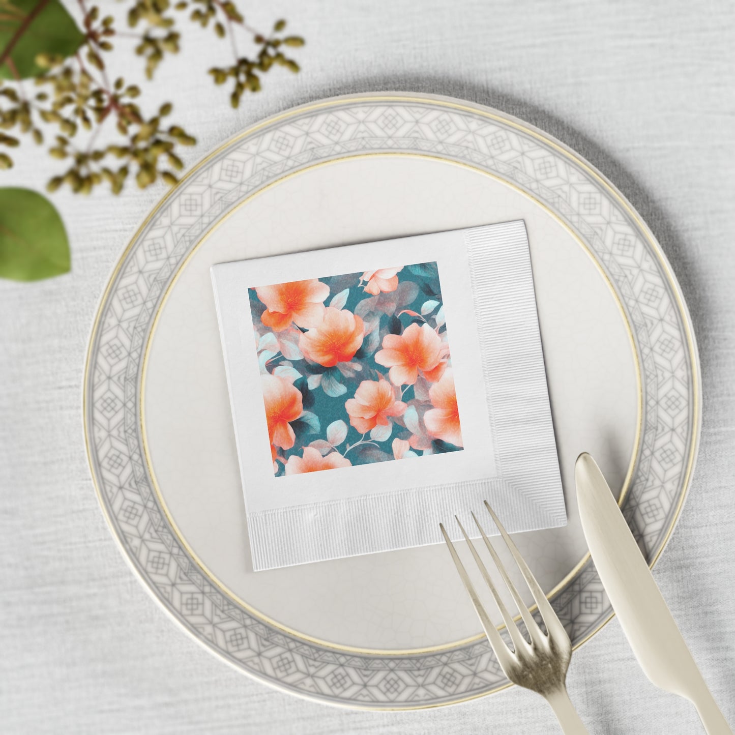 Orange Blossom Floral Bunch White Coined Napkins, 4.8" x 4.8"