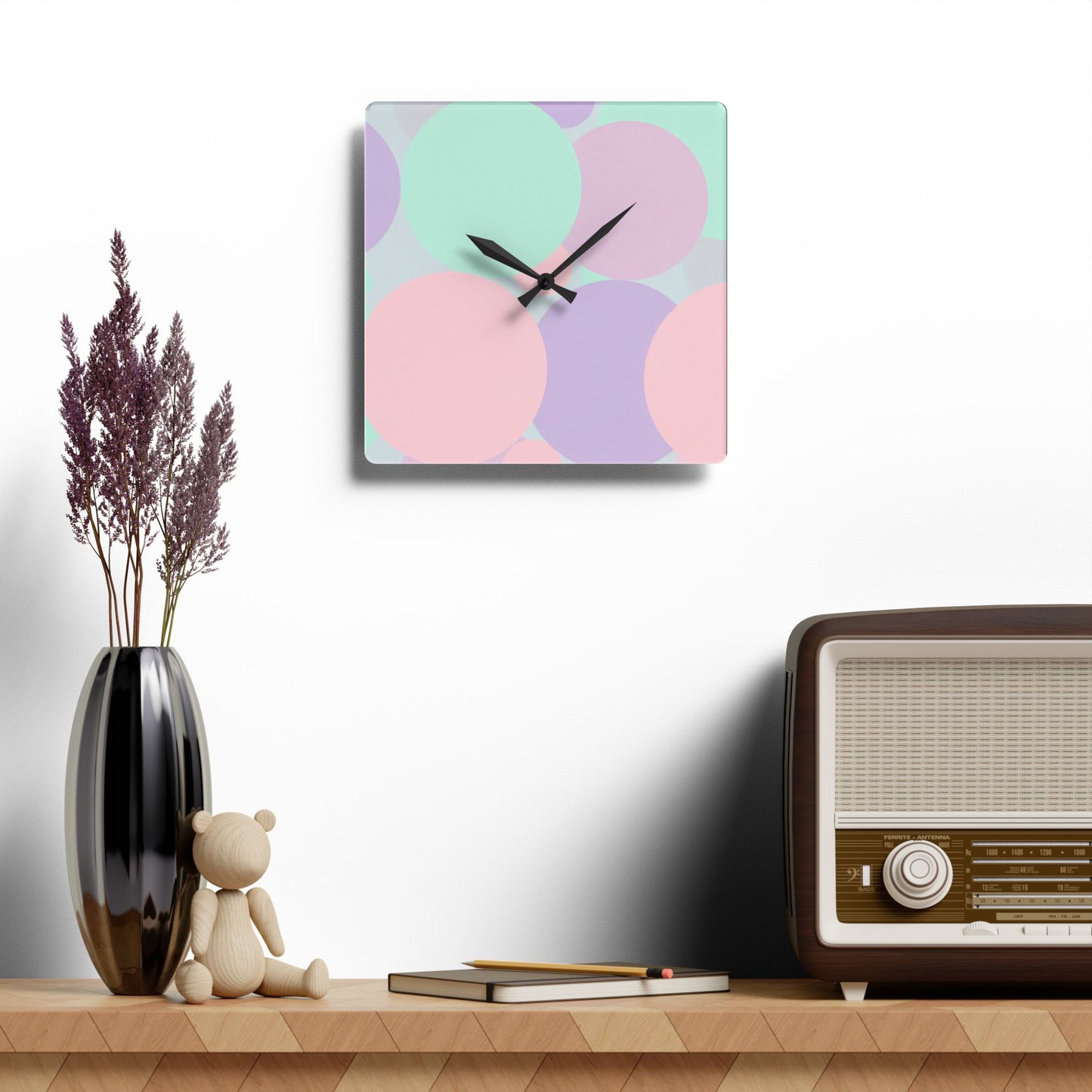 Pastel Peach and Soft Green Patches Acrylic Wall Clock, Round or Square, 10.75" x 10.75"