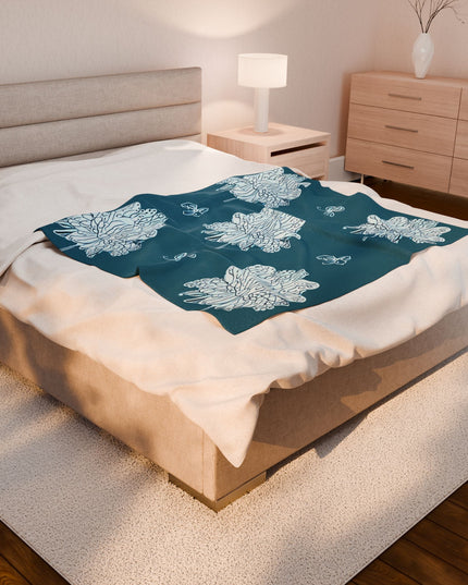 Tif Green White Floral Butterflies Velveteen Plush Blanket, 50" x 60"