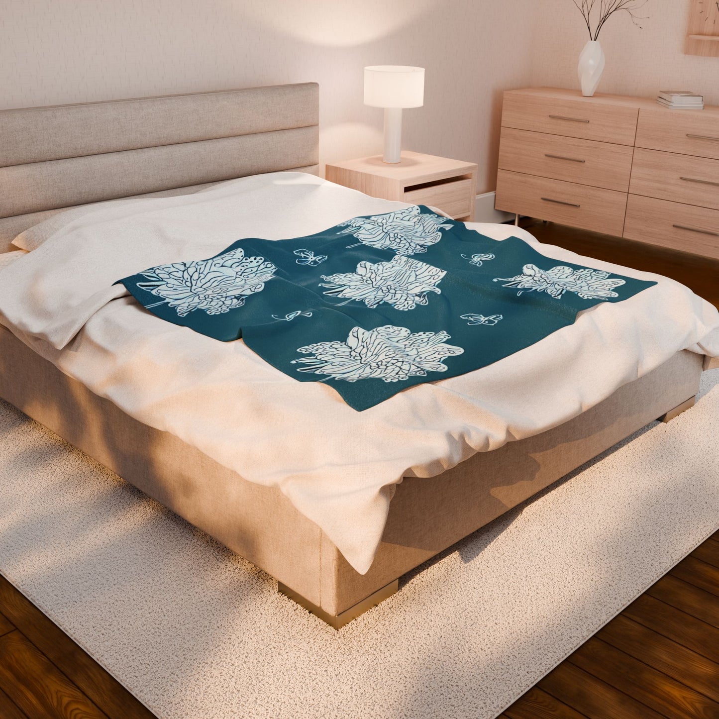 Tif Green White Floral Butterflies Velveteen Plush Blanket, 50" x 60"