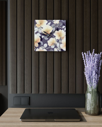 White Blush Floral Bunch Acrylic Wall Clock, Round or Square, 10.75" x 10.75"