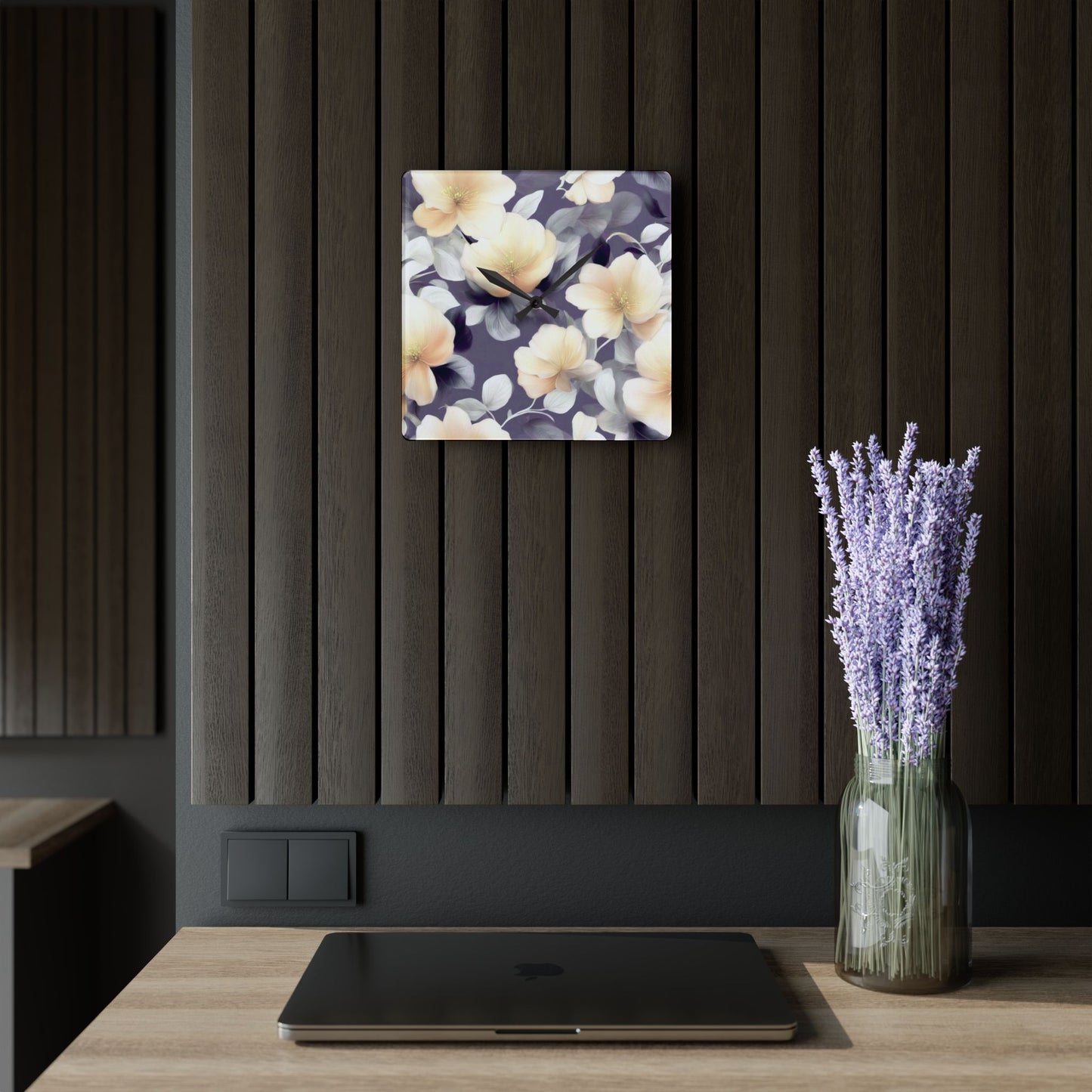 White Blush Floral Bunch Acrylic Wall Clock, Round or Square, 10.75" x 10.75"