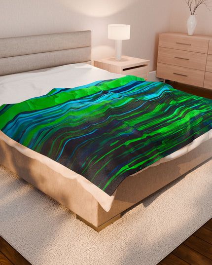 Striped Blue Green Velveteen Plush Blanket, 60" x 80"