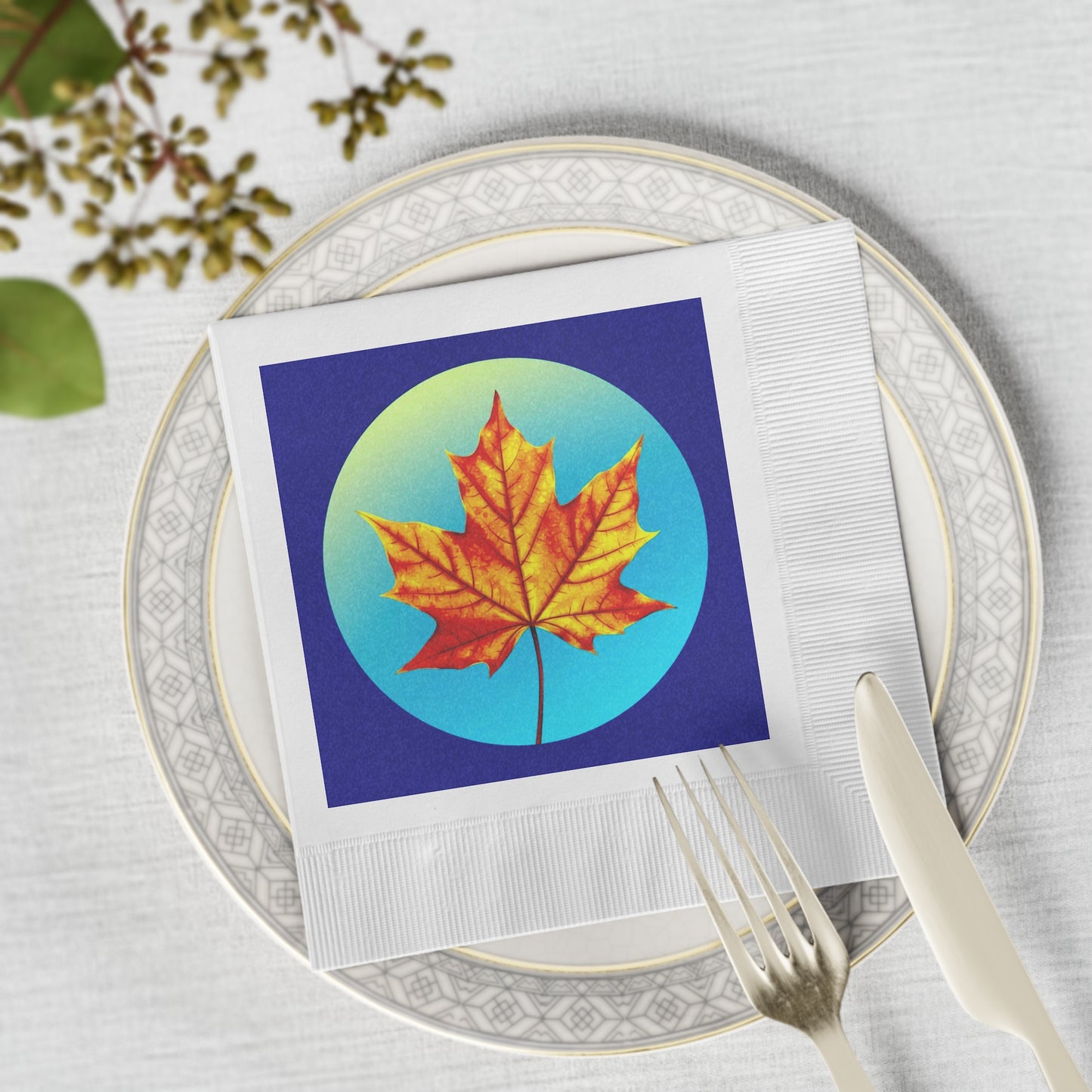 Alpha Maple Leaf White Coined Napkins, 6.5" x 6.5"