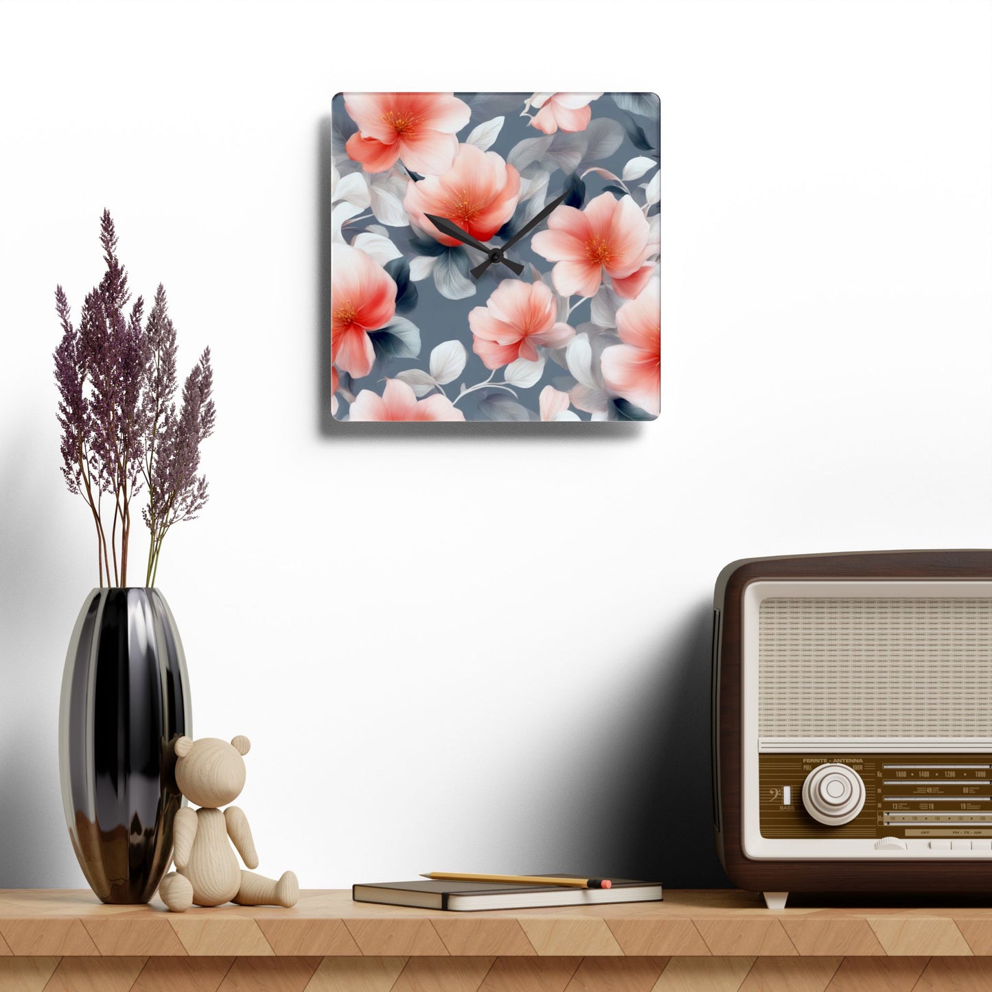 Red Blossom Floral Bunch Acrylic Wall Clock, Round or Square, 10.75" x 10.75"