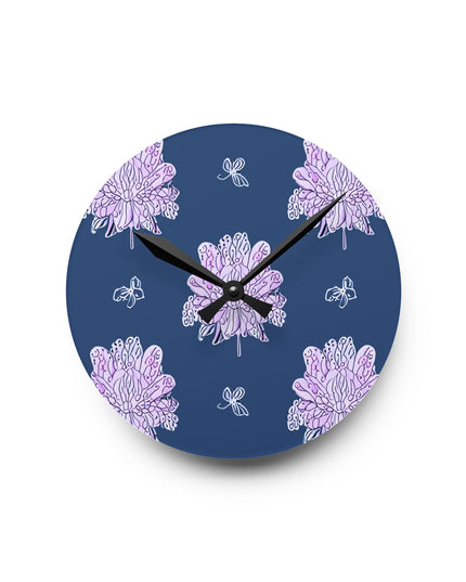 Purple White Floral Butterflies Acrylic Round Wall Clock, 8" x 8"