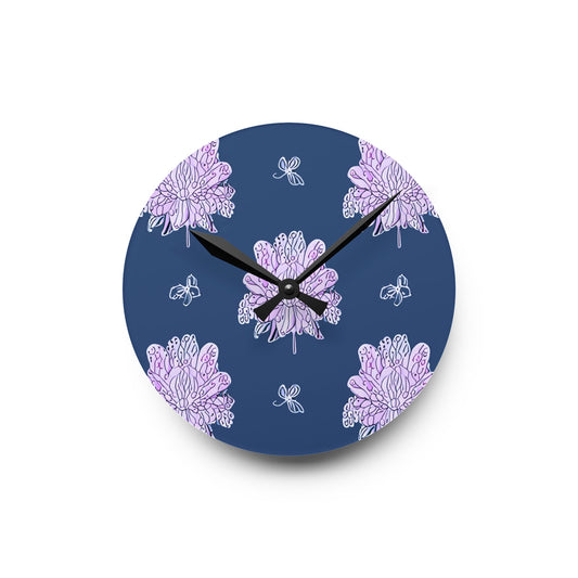 Purple White Floral Butterflies Acrylic Round Wall Clock, 8" x 8"