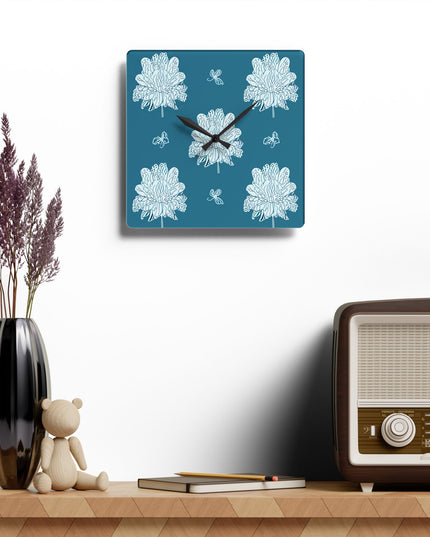 Tif Green White Floral Butterflies Acrylic Wall Clock, Round or Square, 10.75" x 10.75"