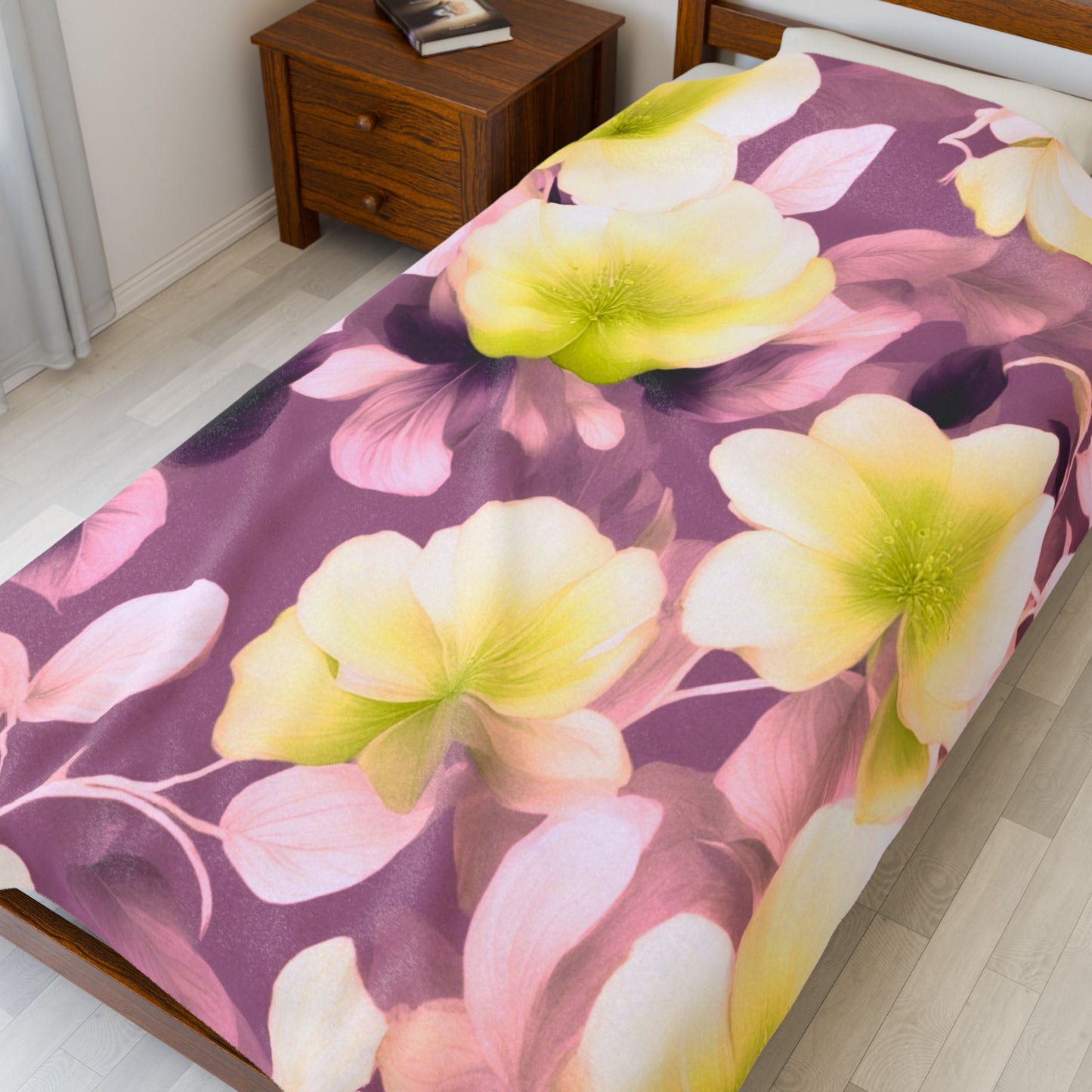 Lemon Blossom Floral Bunch Velveteen Plush Blanket, 60" x 80"