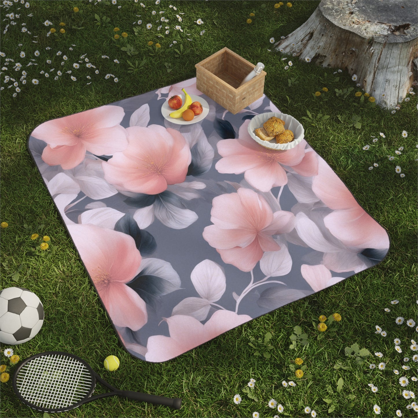 Peach and Blue Gray Floral Bunch 61" × 51" Picnic Blanket