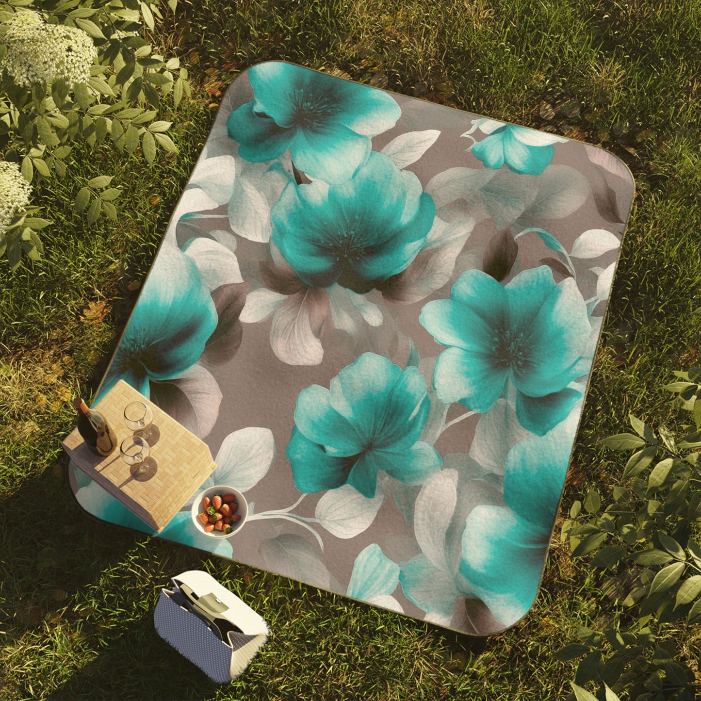 Tif Green Gray Floral Bunch 61" × 51" Picnic Blanket
