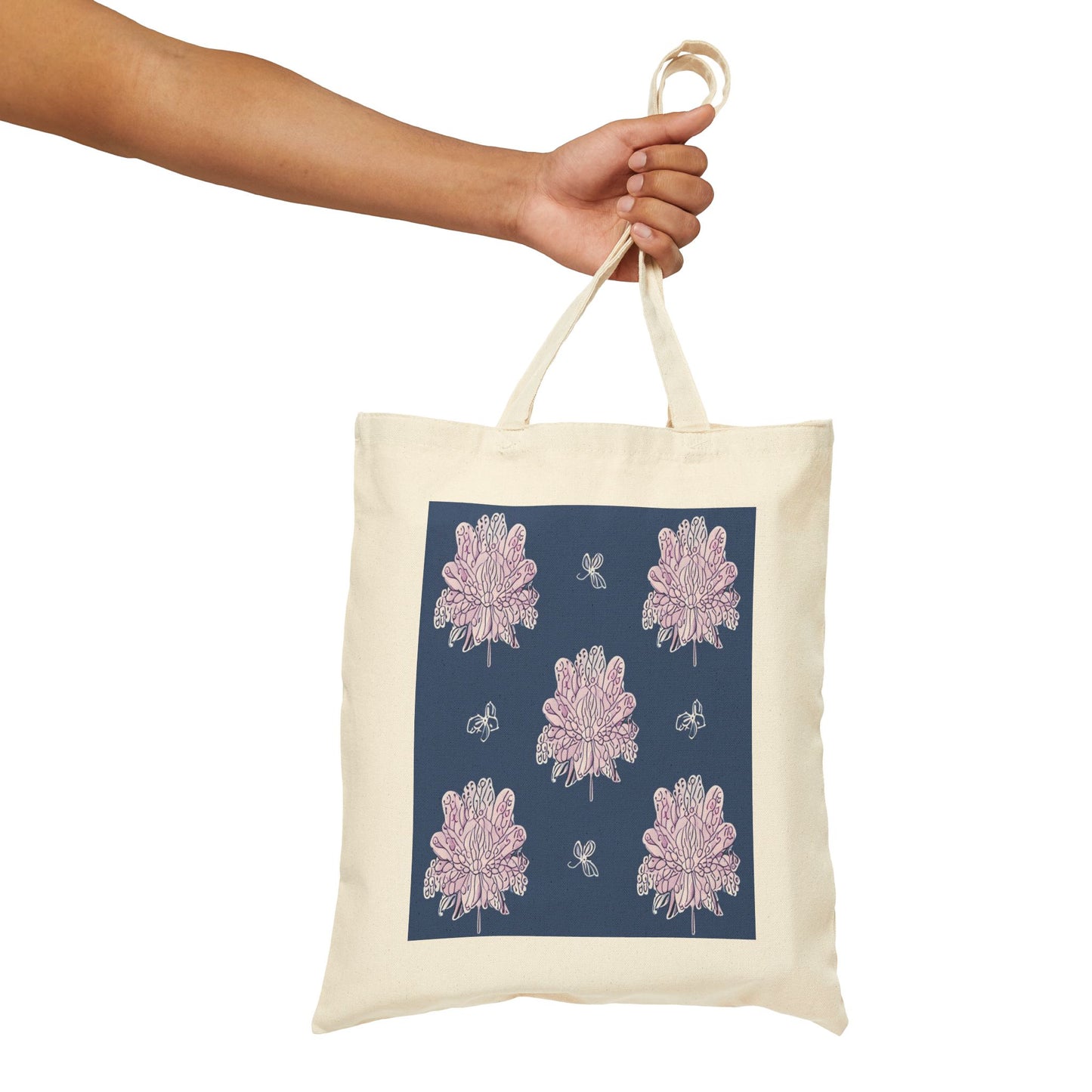 Purple White Floral Butterflies Cotton Canvas Tote Bag