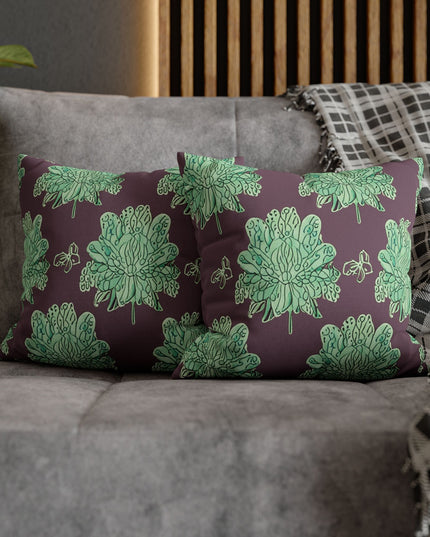 Mint Green Floral Butterflies Spun Polyester Square Pillowcase, 14" x 14"