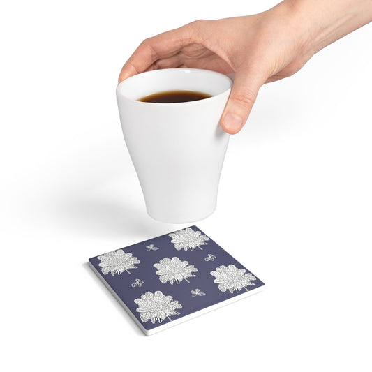White Floral Butterflies 4" x 4" Square Ceramic Coaster