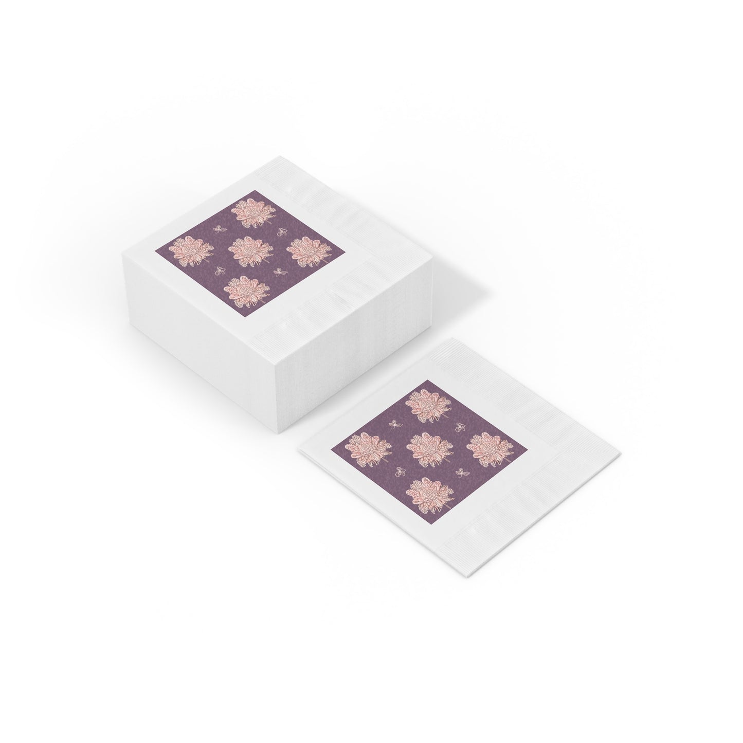 Pink Floral Butterflies White Coined Napkins, 4.8" x 4.8"