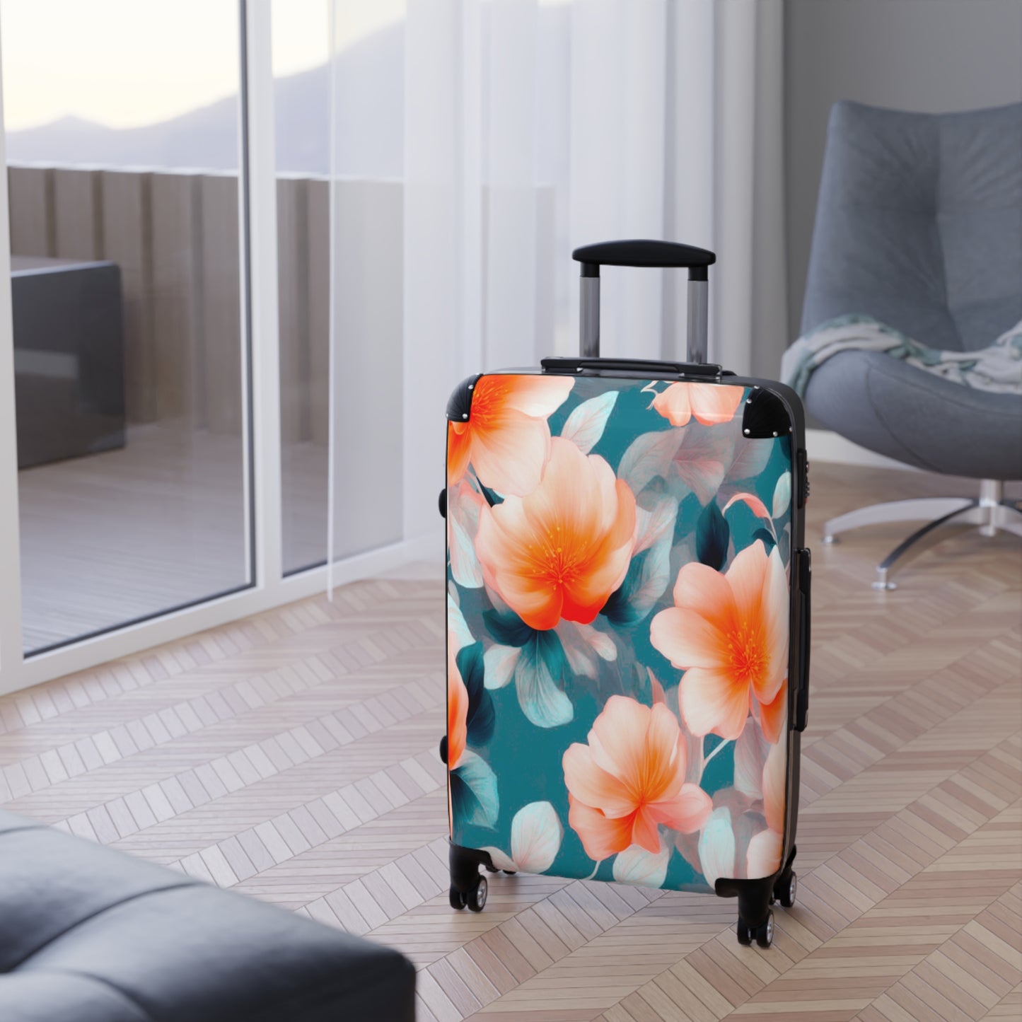 Orange Blossom Floral Bunch Medium Suitcase with built in lock, 4 double-wheels, telescopic handle, and ABS back hard-shell