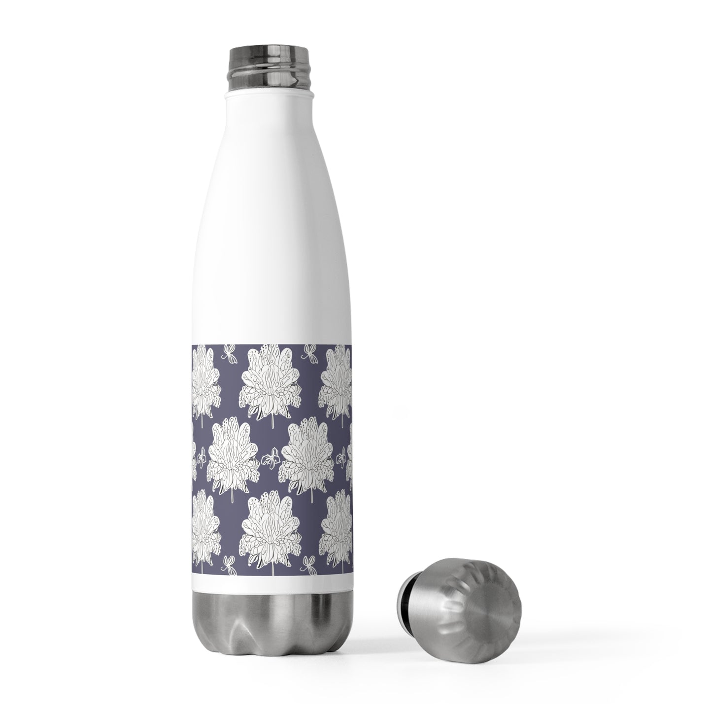 White Floral Butterflies 20oz Insulated Water Bottle