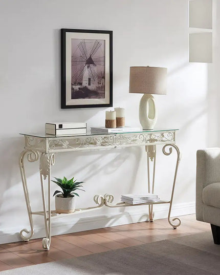 Modern Tempered Glass Console Table With Storage Shelves, 2nd Tier