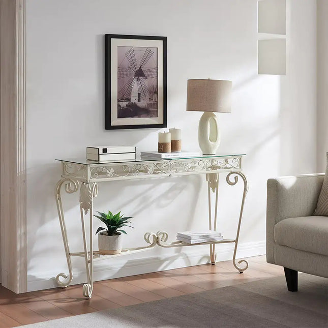 Modern Tempered Glass Console Table With Storage Shelves, 2nd Tier