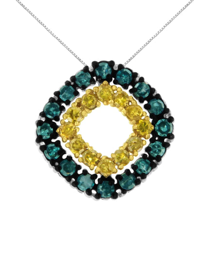 .925 Sterling Silver 1/2 Cttw Treated Blue and Yellow Diamond Double Square 18" Pendant Necklace (Blue/Yellow Color, I2-I3 Clarity)