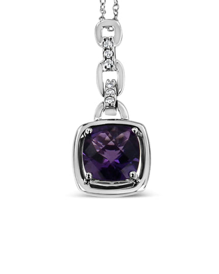 .925 Sterling Silver 6x6MM Cushion Shaped Natural Purple Amethyst and Diamond Accented Bale 18" Inch Pendant Necklace (I-J Color, I1-I2 Clarity)