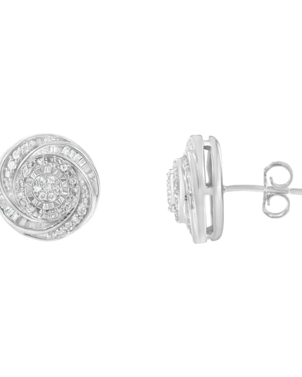 .925 Sterling Silver 1/4 Cttw Baguette and Round Diamond Swirl Love Knot Stud Earrings (I-J Color, I3 Clarity)
