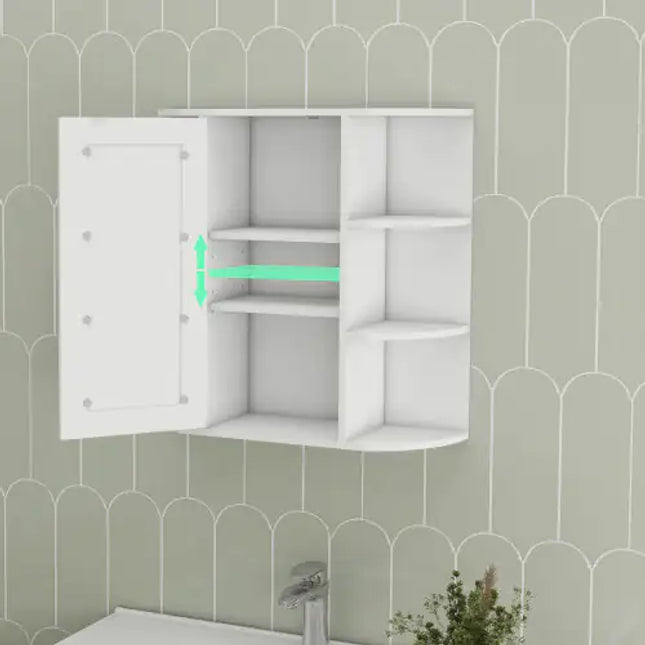 White Mirrored Bathroom Cabinet, Wall-mounted, 6 Open Shelves, 3 Adjustable Shelves - 1 Unit