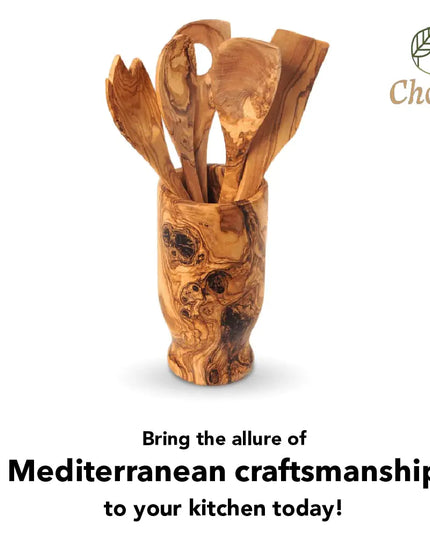 Olive Wood Kitchen Servers Set w/Holder - 6 Pcs