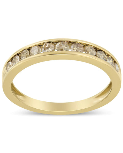 14K Yellow Gold Plated .925 Sterling Silver 1/2 Cttw Channel Set Round Champagne Diamond 11 Stone Band Ring (K-L Color, I1-I2 Clarity)