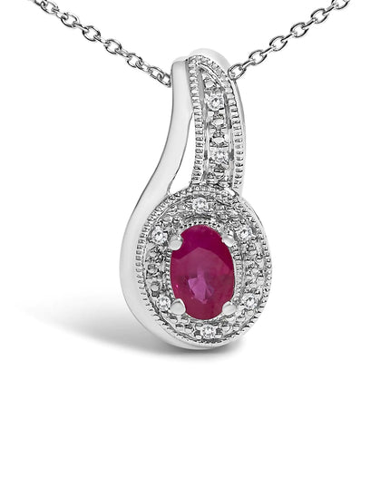 .925 Sterling Silver Red Ruby and Diamond Accent Milgrain Swirl Pendant Necklace - 18" Inches