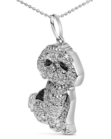 .925 Sterling Silver 1/2 Cttw White and Black Diamond Shih Tzu Dog 18" Pendant Necklace (I-J Color, I2-I3 Clarity)