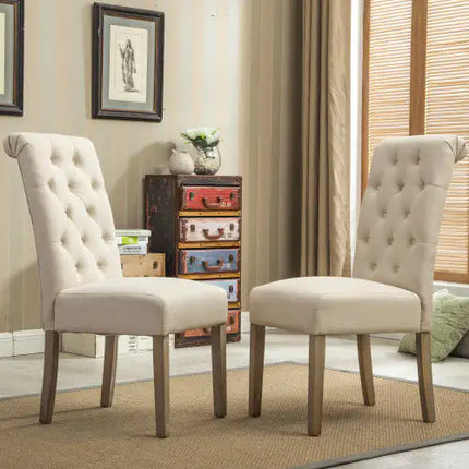 Solid Wood Tufted Dining Chairs, Set Of 2, Tan