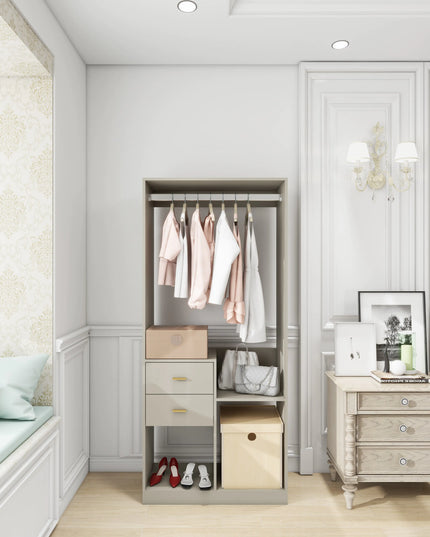 Wood Closet System With Drawers, Rods, Shelves Gray