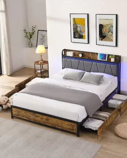 Full Size Bed Frame, Storage Headboard With Charging Station, 4 Drawers, LED Lights