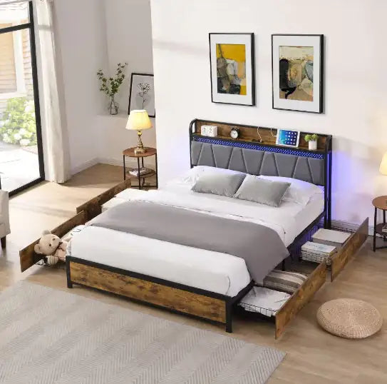 Full Size Bed Frame, Storage Headboard With Charging Station, 4 Drawers, LED Lights