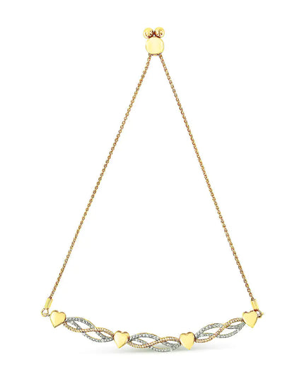 14K Yellow Gold Plated .925 Sterling Silver 1/10 Cttw Diamond Wave and Hearts Bolo Bracelet (I-J Color, I2-I3 Clarity) - 4"-10" Adjustable