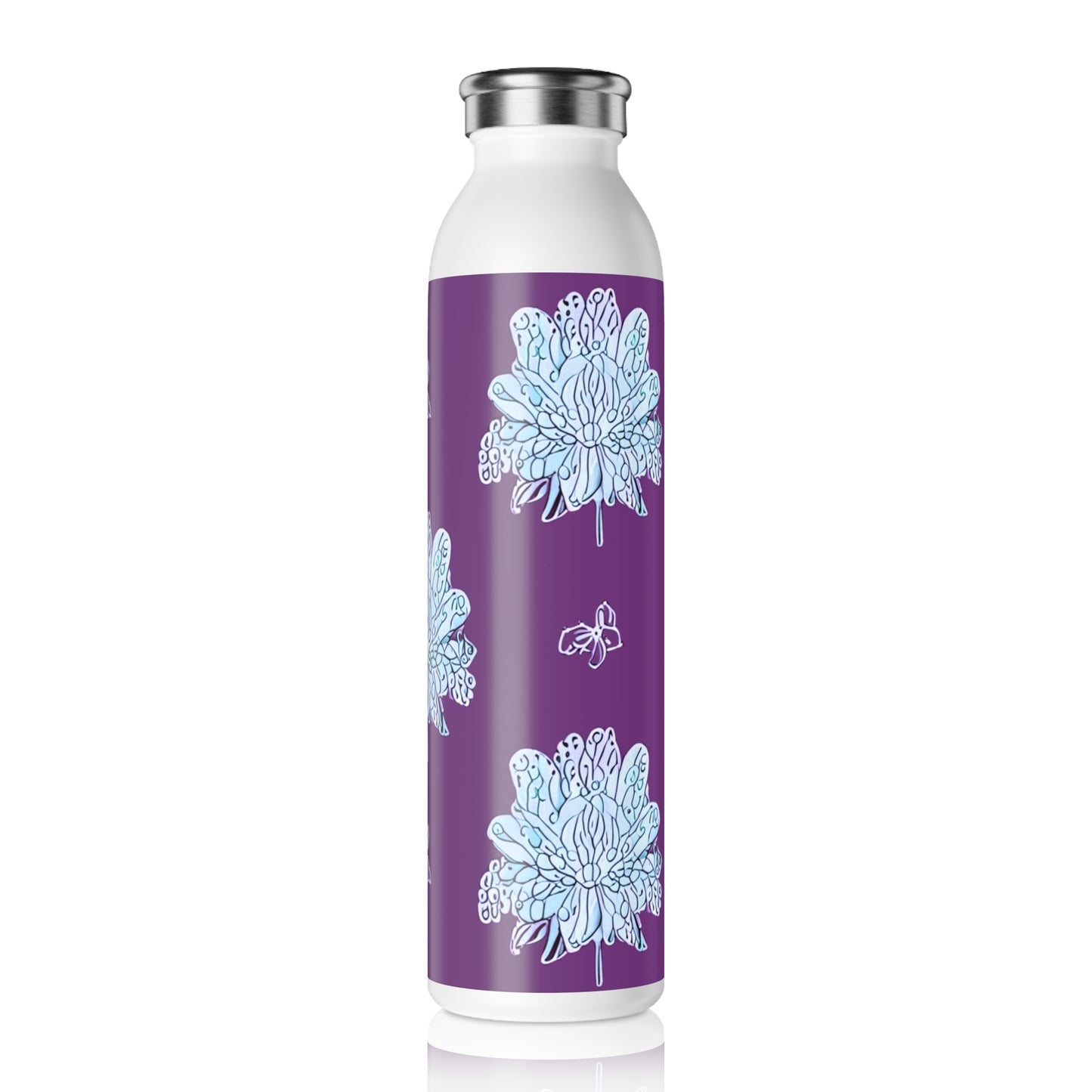 Blue Floral Butterflies Slim Water Bottle, 20 oz White