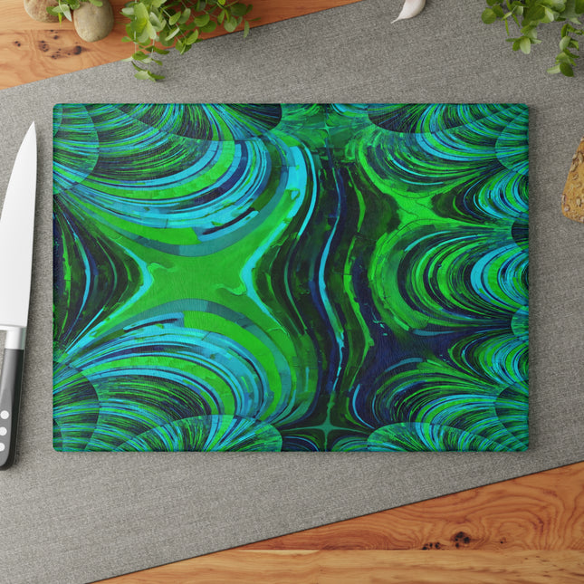 Uzi Spiral Blue Green 11" x 15" Glass Cutting Board