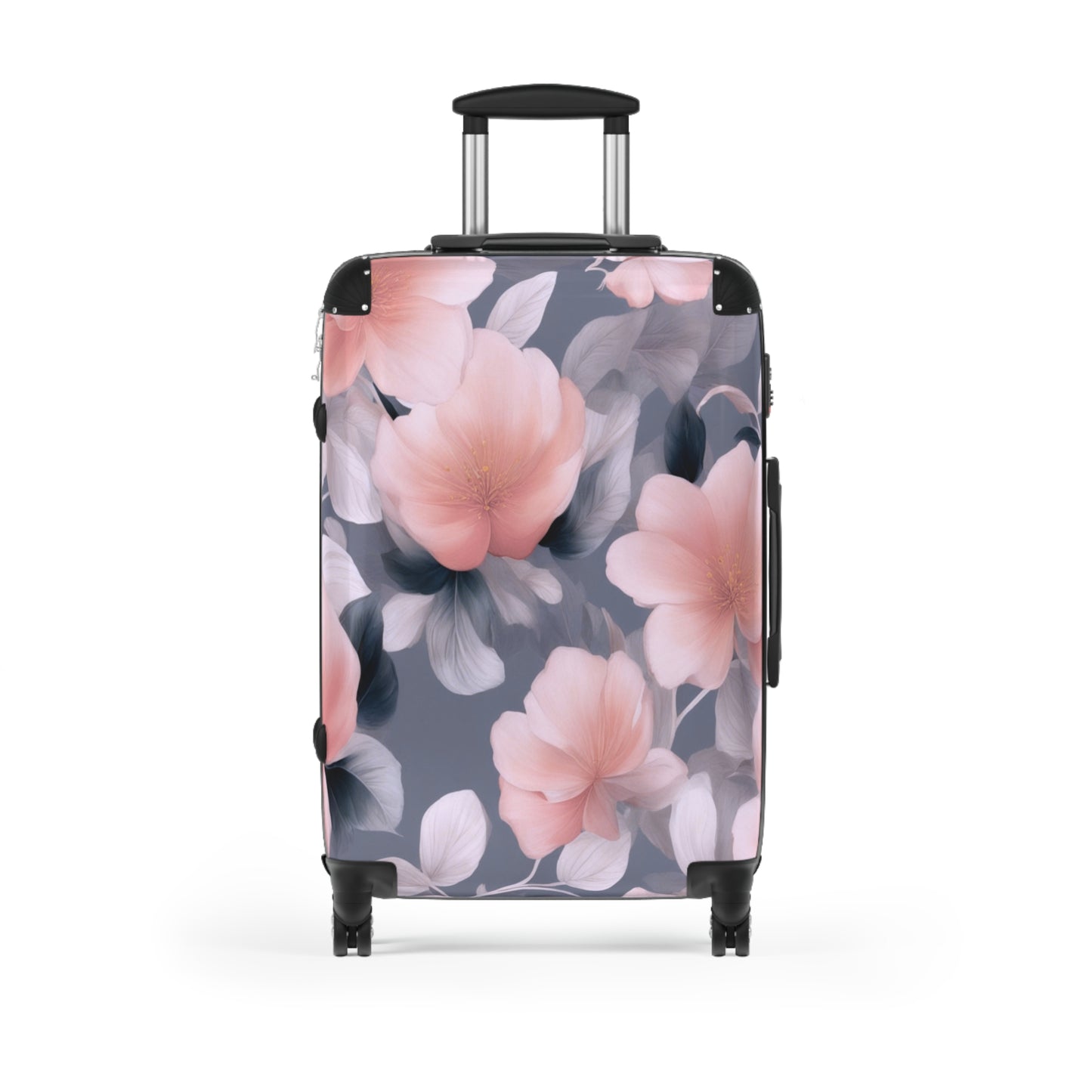 Peach and Blue Gray Floral Bunch Medium Suitcase with built in lock, 4 double-wheels, telescopic handle, and ABS back hard-shell