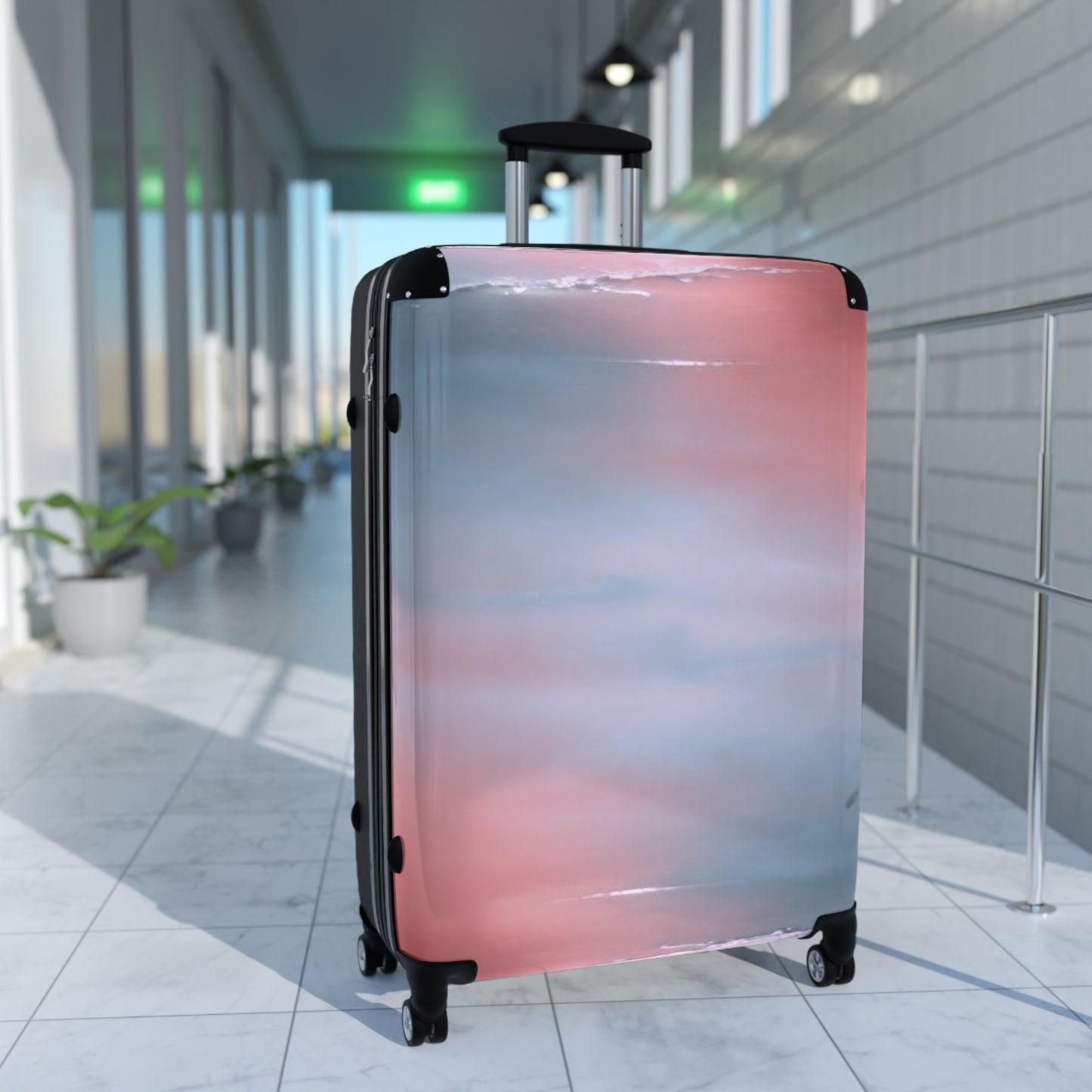 Gray Sea Pink Fog Large Suitcase with built in lock, 4 double-wheels, telescopic handle, and ABS back hard-shell