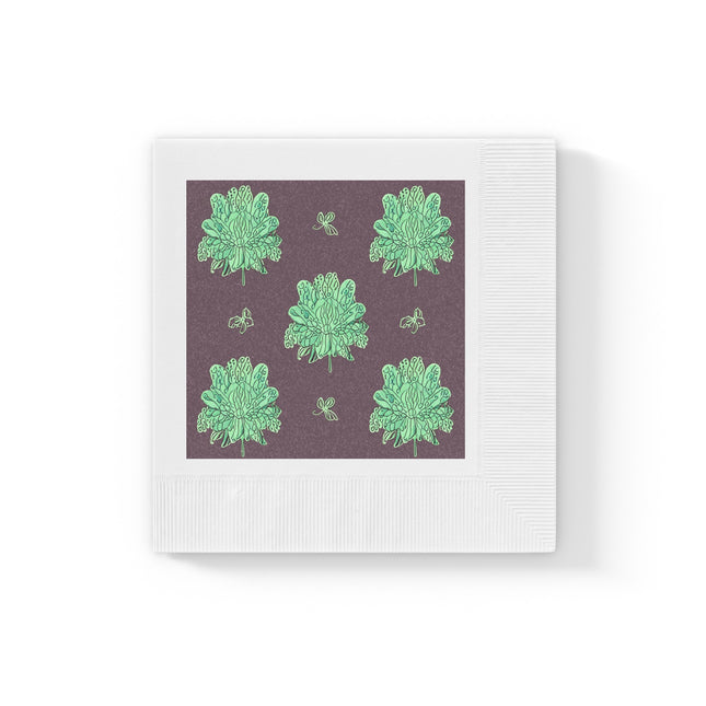Mint Green Floral Butterflies White Coined Napkins, 6.5" x 6.5"