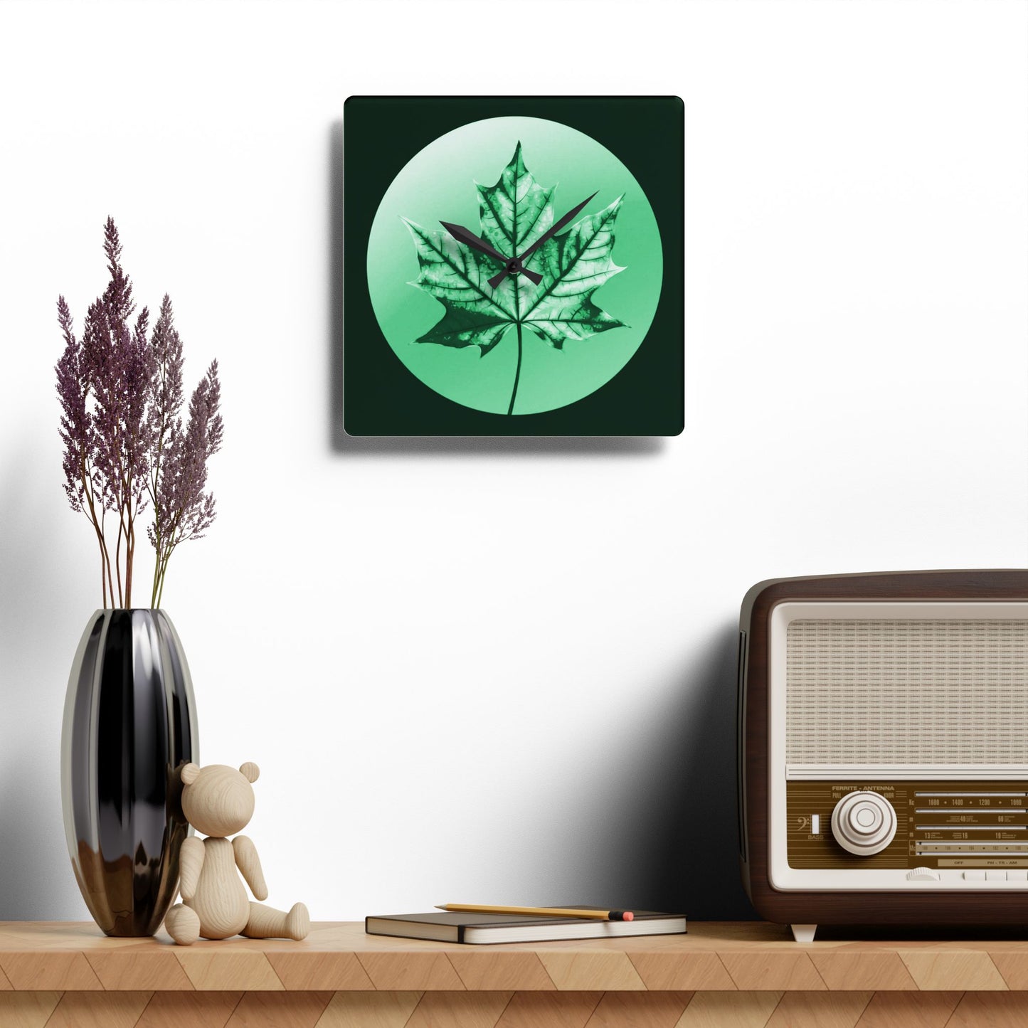 Mint Green Maple Leaf Acrylic Wall Clock, Round or Square, 10.75" x 10.75"