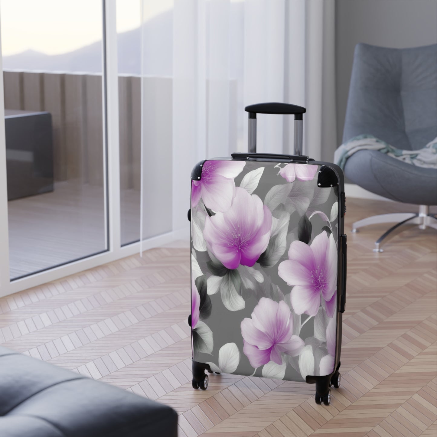 Purple Blossom Floral Bunch Medium Suitcase with built in lock, 4 double-wheels, telescopic handle, and ABS back hard-shell