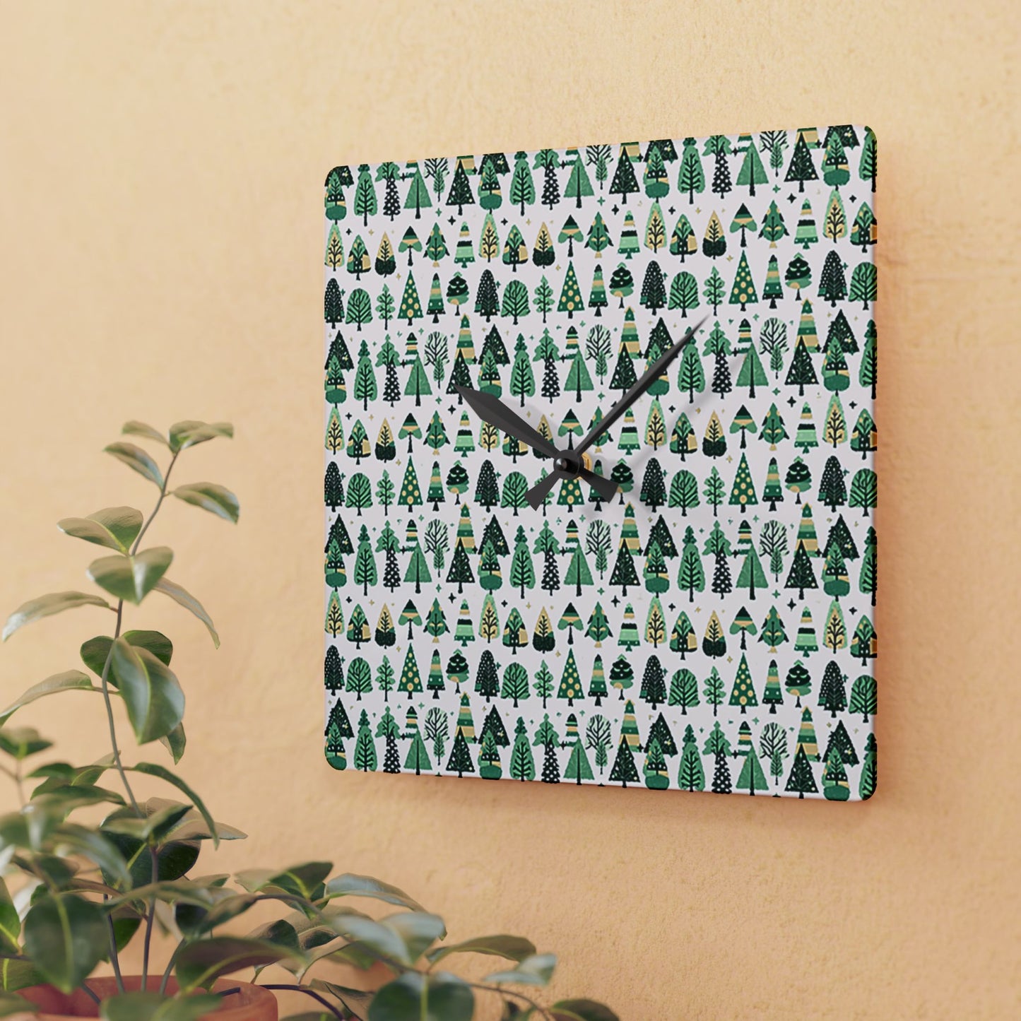 Mini Vintage Green Trees Acrylic Wall Clock, Round or Square, 10.75" x 10.75"