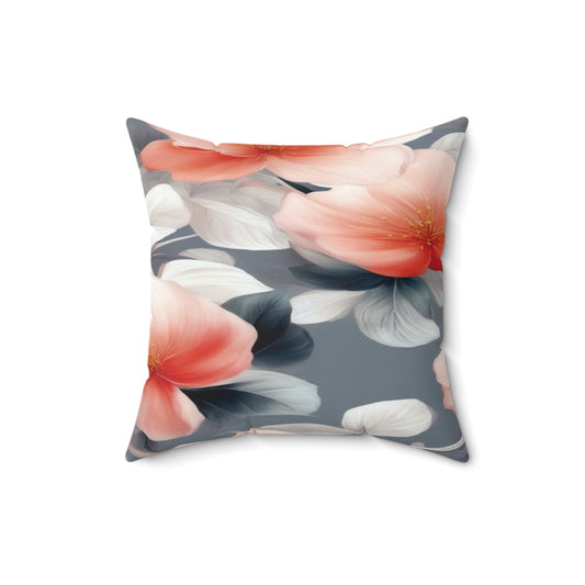 Red Blossom Floral Bunch Faux Suede Square Pillow, 16" x 16"