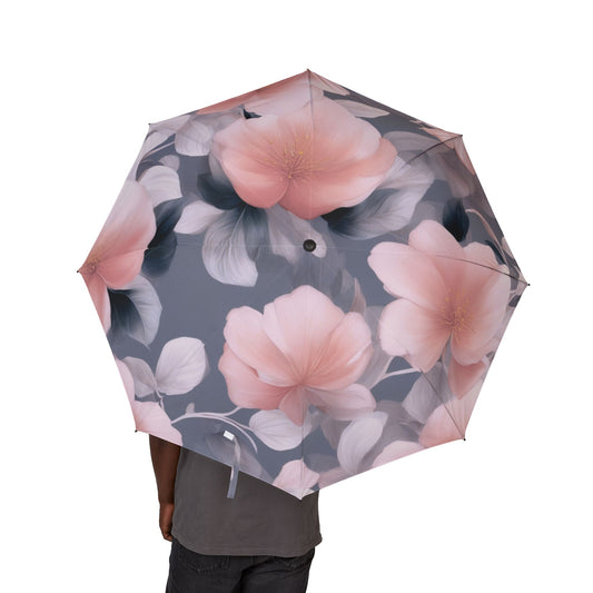 Peach and Blue Gray Floral Bunch Foldable Umbrella - Compact & Chic