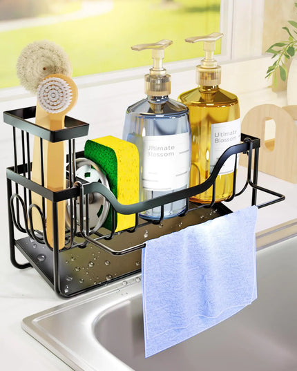 Stainless Steel Kitchen Sink Caddy – Sponge Holder, Auto-Drain Organizer with Brush and Dishcloth Rack