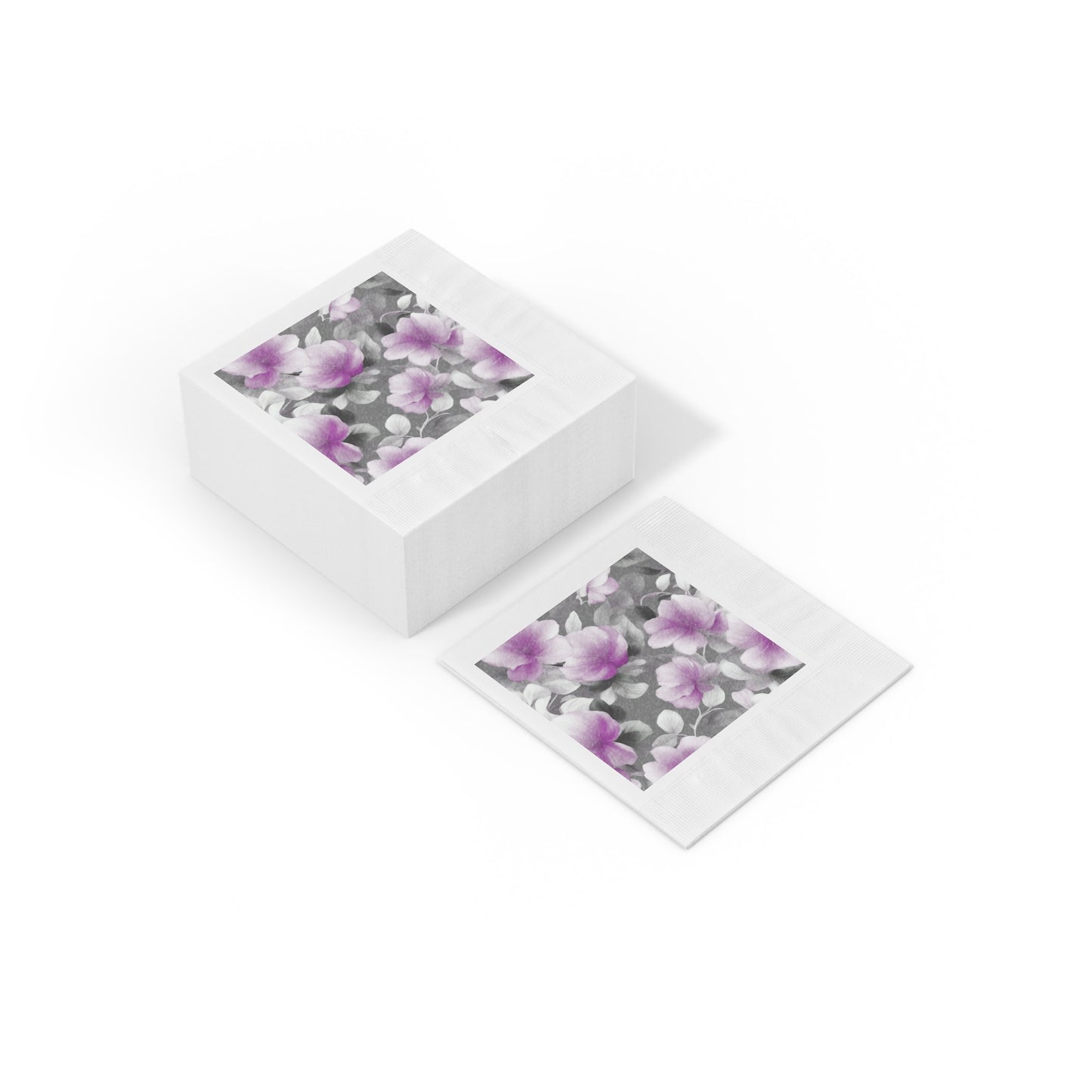 Purple Blossom Floral Bunch White Coined Napkins, 6.5" x 6.5"