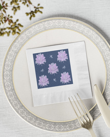 Purple White Floral Butterflies White Coined Napkins, 4.8" x 4.8"