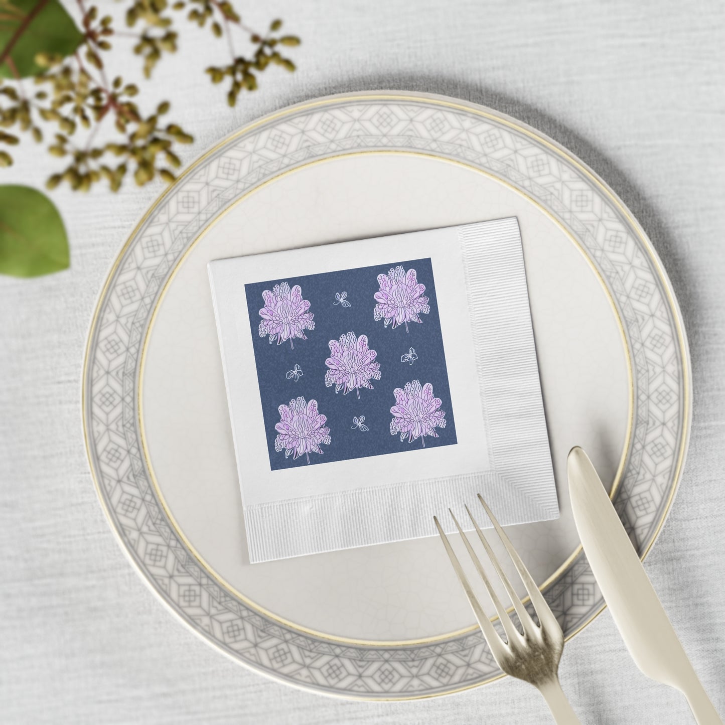 Purple White Floral Butterflies White Coined Napkins, 4.8" x 4.8"